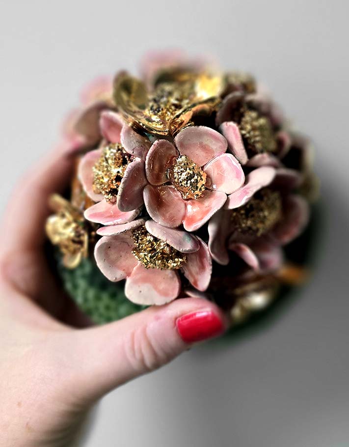 Porte encens Céramique Émaillée, Fleurs de pommier et Or - Pièce Unique Fait Main