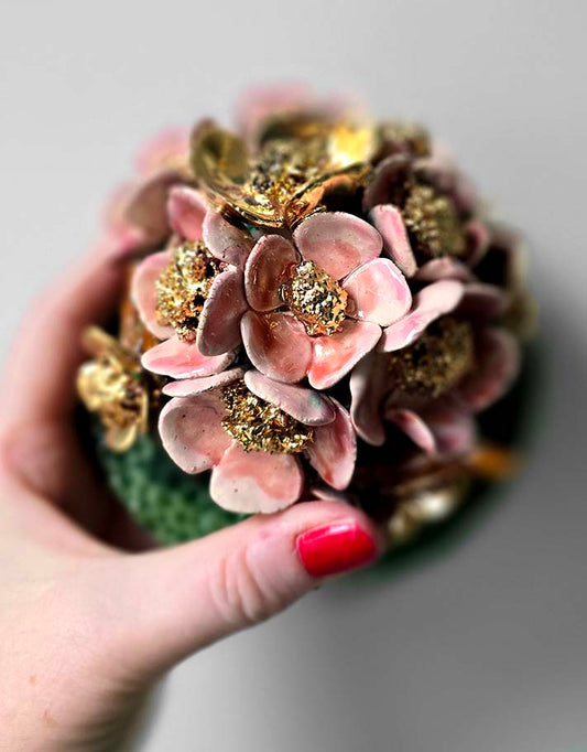 Porte encens Céramique Émaillée, Fleurs de pommier et Or - Pièce Unique Fait Main