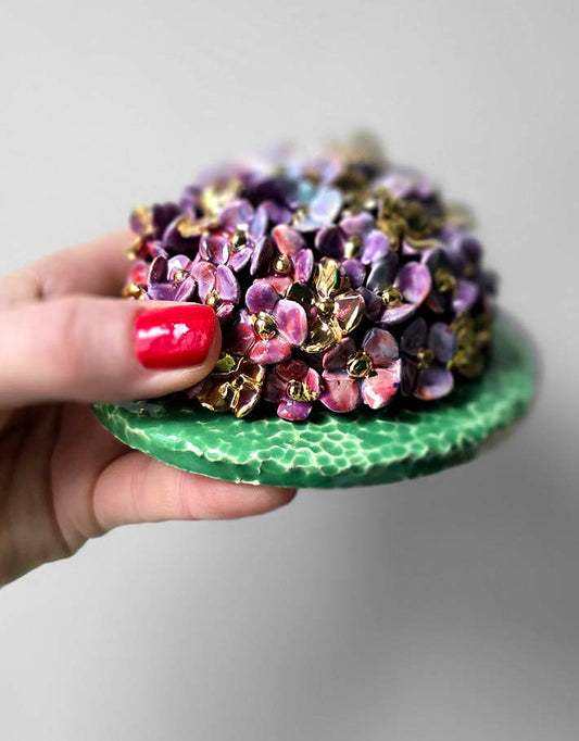Porte encens Céramique Émaillée, Hortensias et Or - Pièce Unique Fait Main