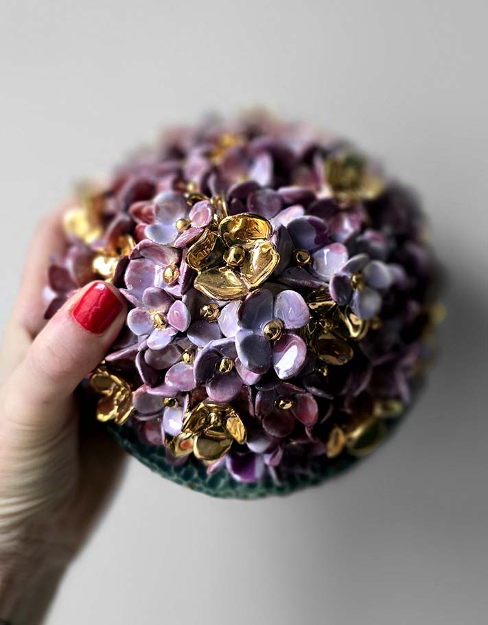 Porte encens Céramique Émaillée, Hortensias et Or - Pièce Unique Fait Main