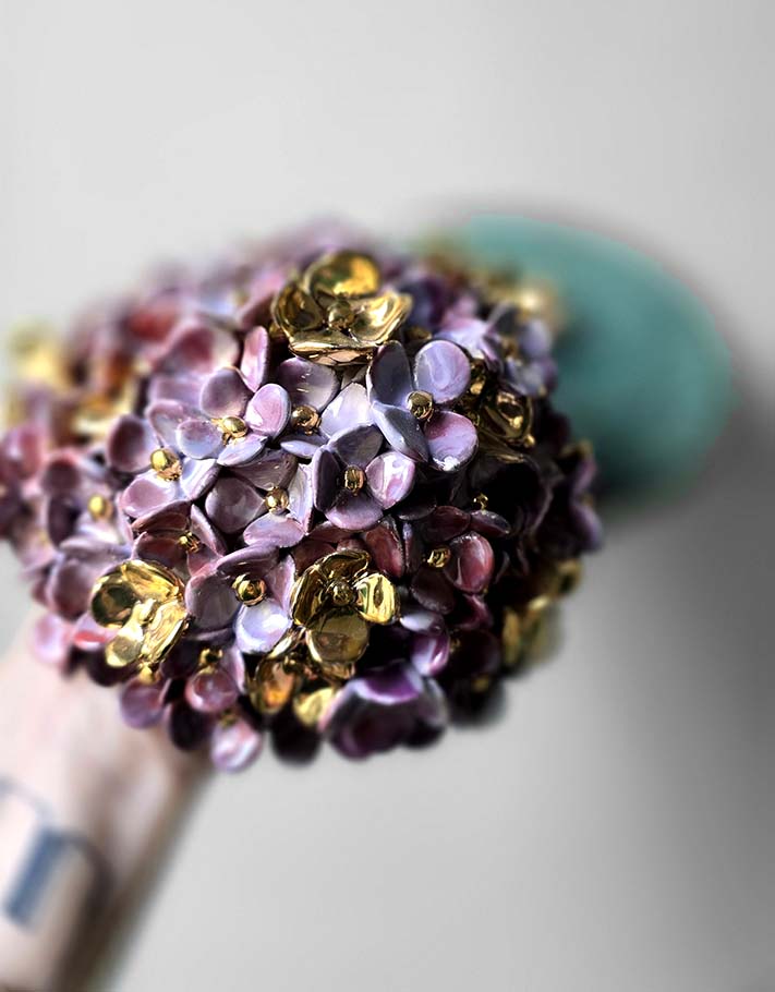 Porte encens Céramique Émaillée, Hortensias et Or - Pièce Unique Fait Main