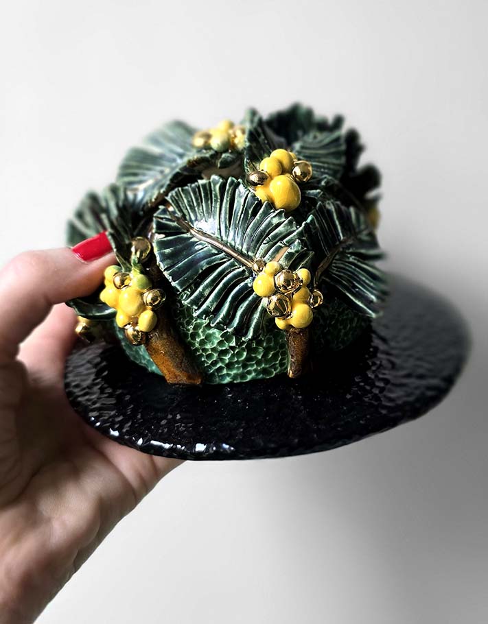 Porte encens Céramique Émaillée, Mimosa et Or - Pièce Unique Fait Main