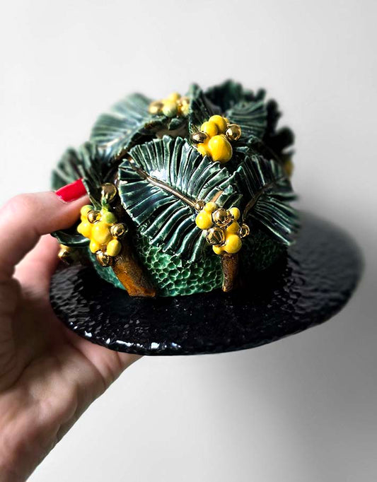 Porte encens Céramique Émaillée, Mimosa et Or - Pièce Unique Fait Main