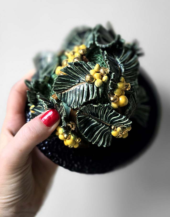 Porte encens Céramique Émaillée, Mimosa et Or - Pièce Unique Fait Main