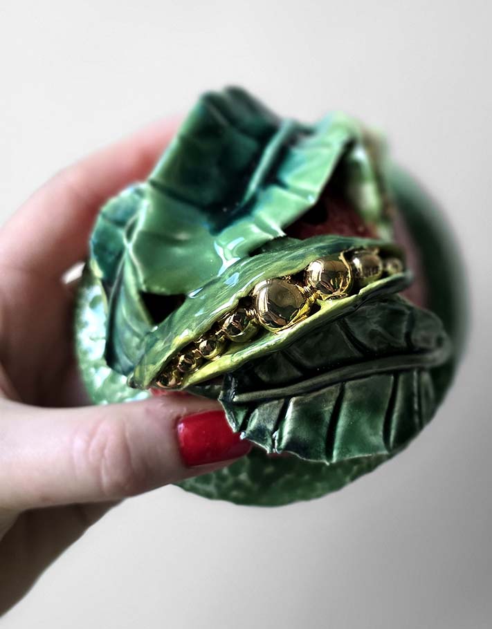 Porte encens Céramique Émaillée, Petits pois et Or - Pièce Unique Fait Main