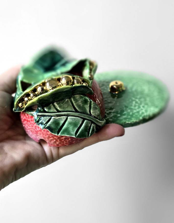 Porte encens Céramique Émaillée, Petits pois et Or - Pièce Unique Fait Main