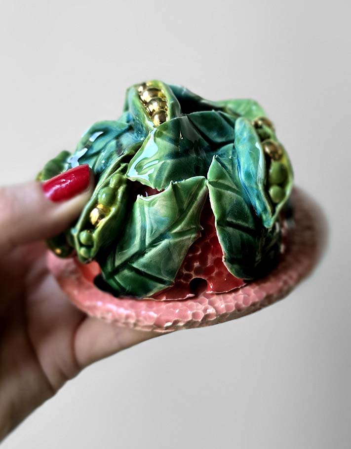 Porte encens Céramique Émaillée, Petits pois et Or - Pièce Unique Fait Main