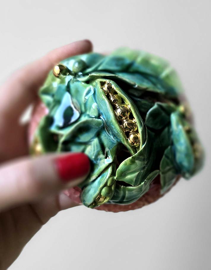 Porte encens Céramique Émaillée, Petits pois et Or - Pièce Unique Fait Main