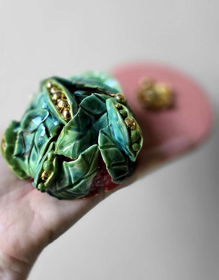 Porte encens Céramique Émaillée, Petits pois et Or - Pièce Unique Fait Main