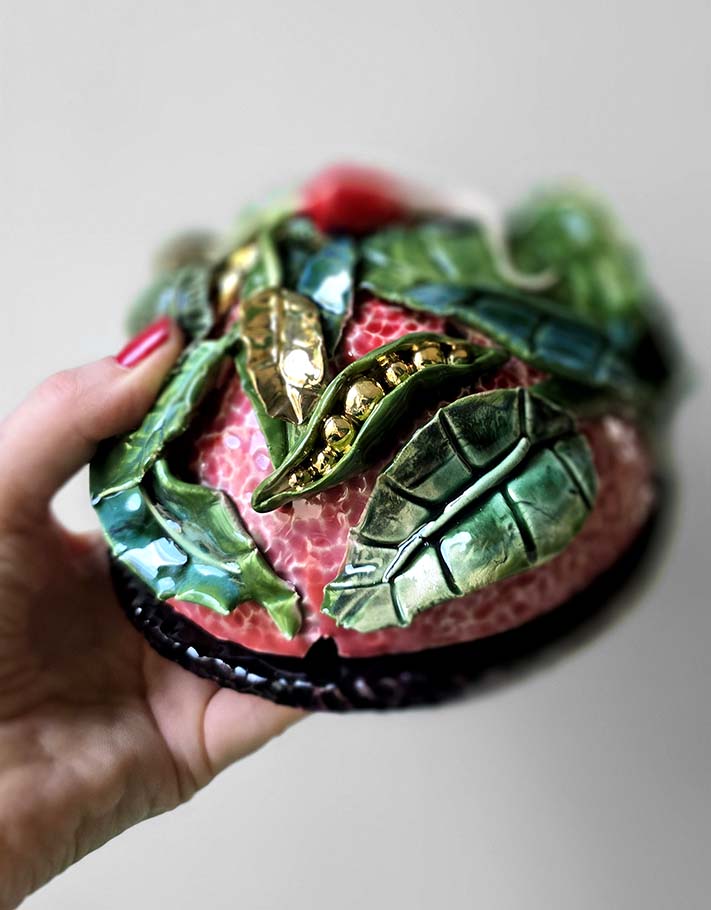 Porte encens Céramique Émaillée, Petits pois et Or - Pièce Unique Fait Main