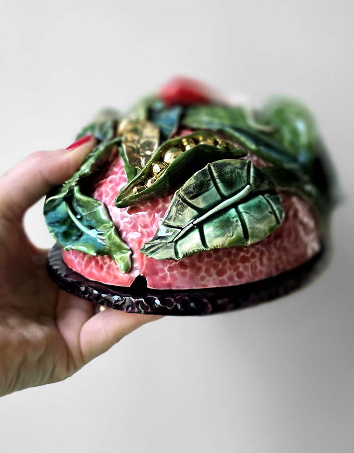 Porte encens Céramique Émaillée, Petits pois et Or - Pièce Unique Fait Main