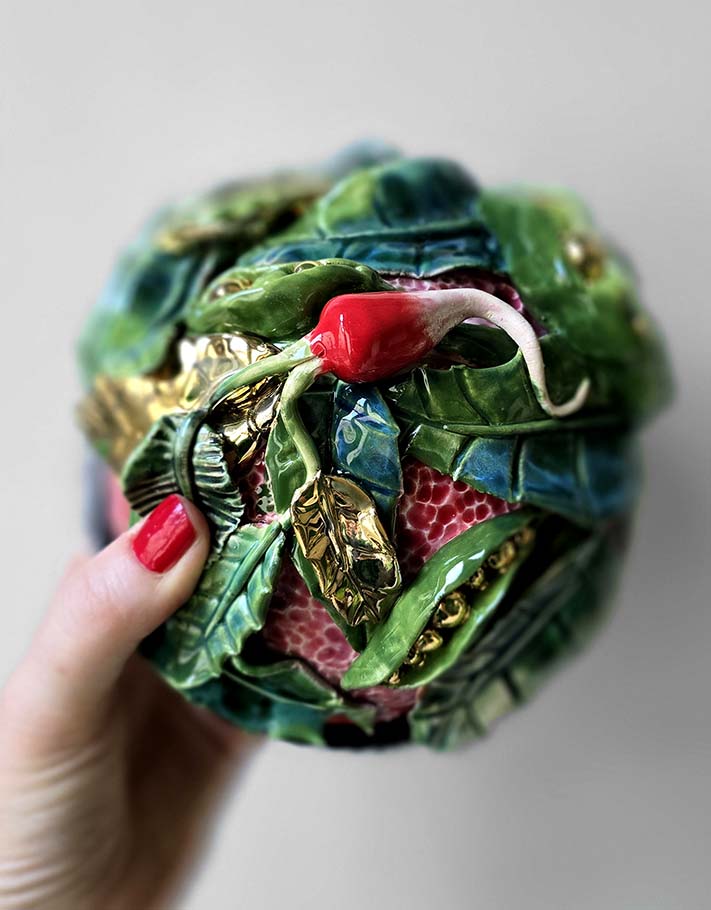 Porte encens Céramique Émaillée, Petits pois et Or - Pièce Unique Fait Main