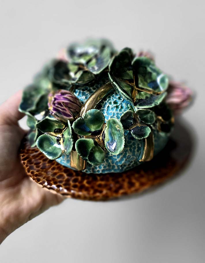 Porte encens Céramique Émaillée, Trèfle et Or - Pièce Unique Fait Main