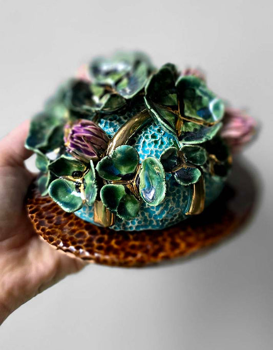 Porte encens Céramique Émaillée, Trèfle et Or - Pièce Unique Fait Main