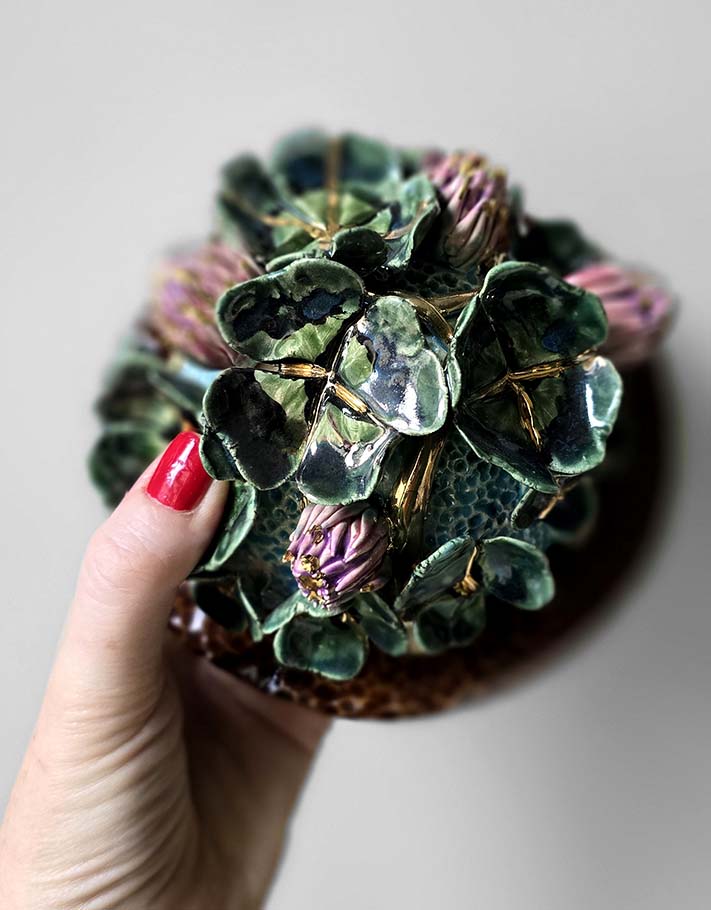 Porte encens Céramique Émaillée, Trèfle et Or - Pièce Unique Fait Main