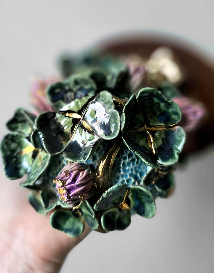 Porte encens Céramique Émaillée, Trèfle et Or - Pièce Unique Fait Main