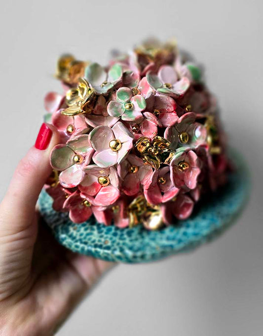 Porte encens Céramique Émaillée, Hortensias et Or - Pièce Unique Fait Main