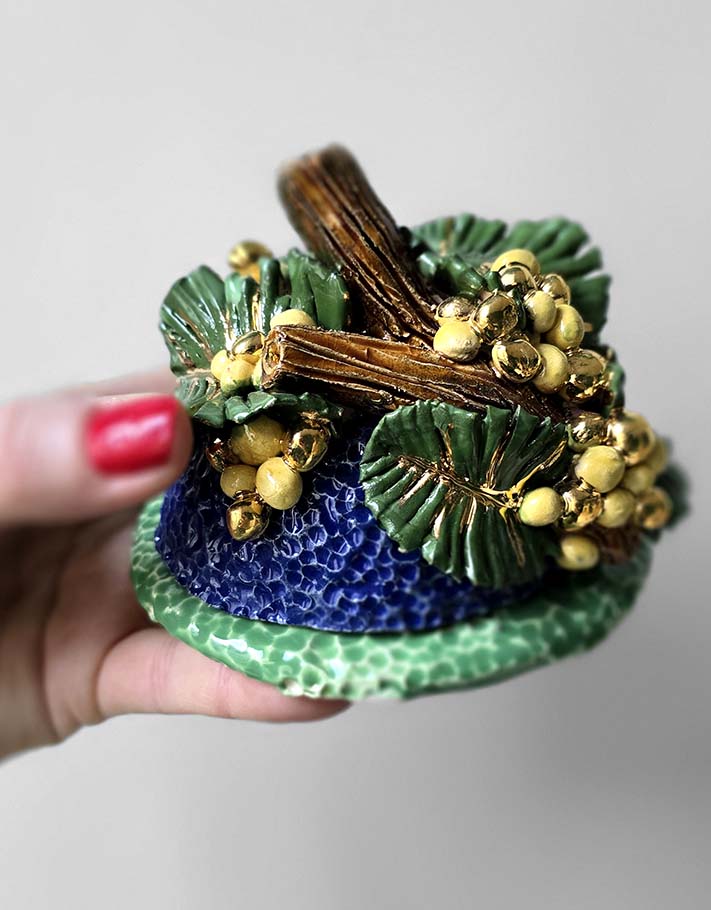 Porte encens Céramique Émaillée, Mimosa et Or - Pièce Unique Fait Main