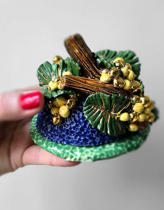 Porte encens Céramique Émaillée, Mimosa et Or - Pièce Unique Fait Main