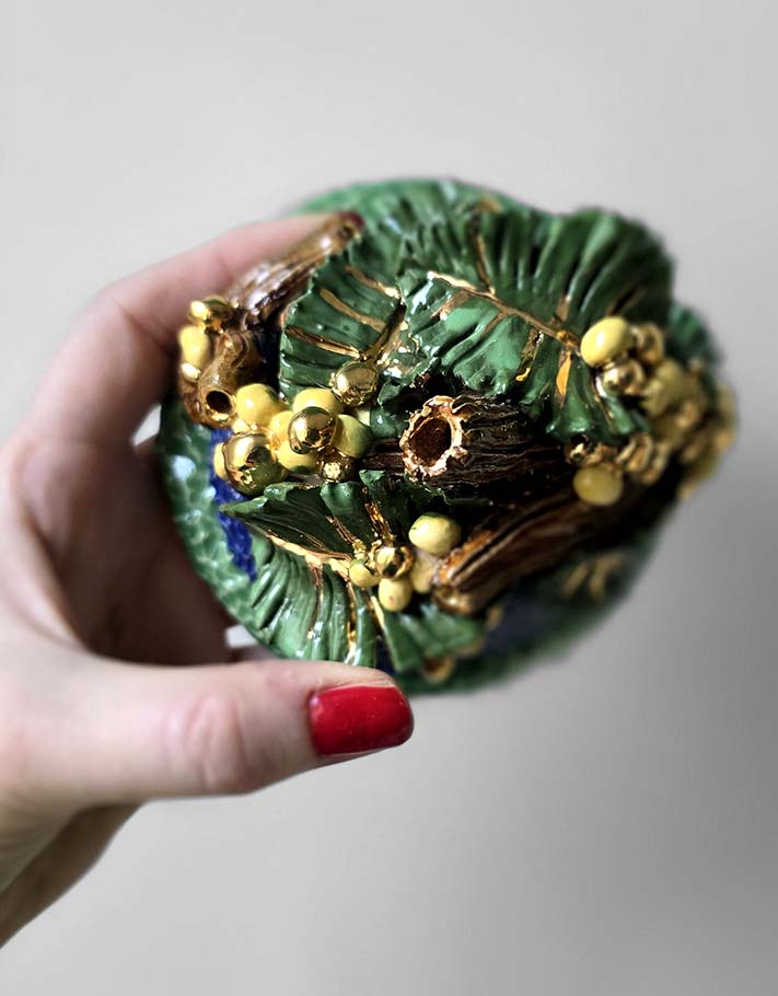 Porte encens Céramique Émaillée, Mimosa et Or - Pièce Unique Fait Main