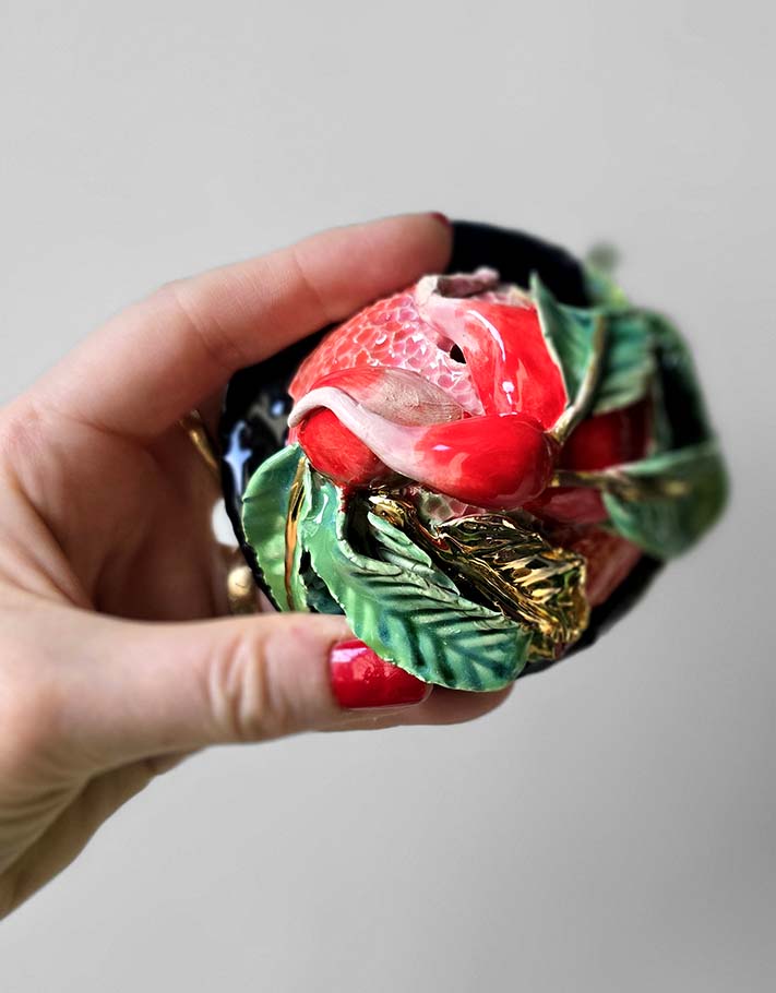 Porte encens Céramique Émaillée, Radis et Or - Pièce Unique Fait Main