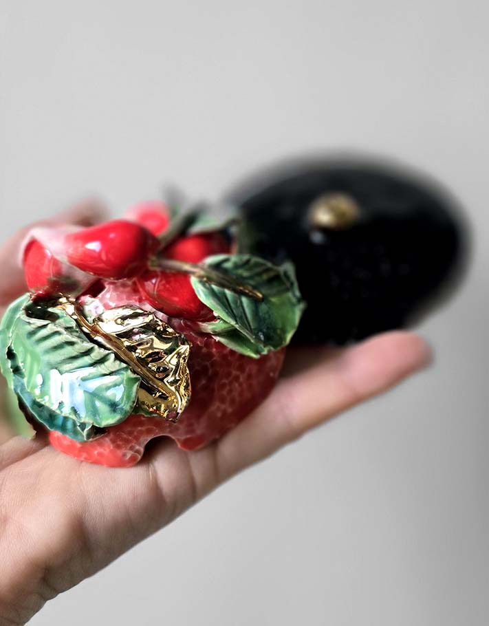 Porte encens Céramique Émaillée, Radis et Or - Pièce Unique Fait Main