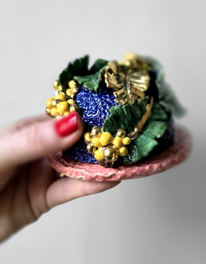 Porte encens Céramique Émaillée, Mimosa et Or - Pièce Unique Fait Main