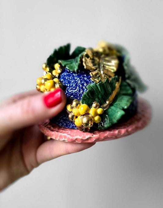 Porte encens Céramique Émaillée, Mimosa et Or - Pièce Unique Fait Main