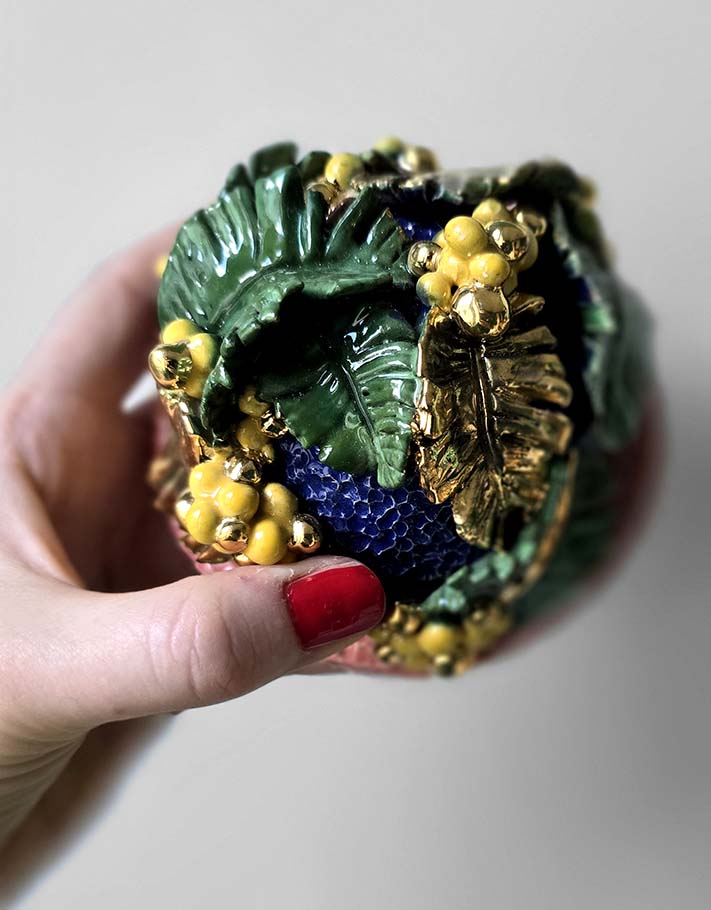 Porte encens Céramique Émaillée, Mimosa et Or - Pièce Unique Fait Main