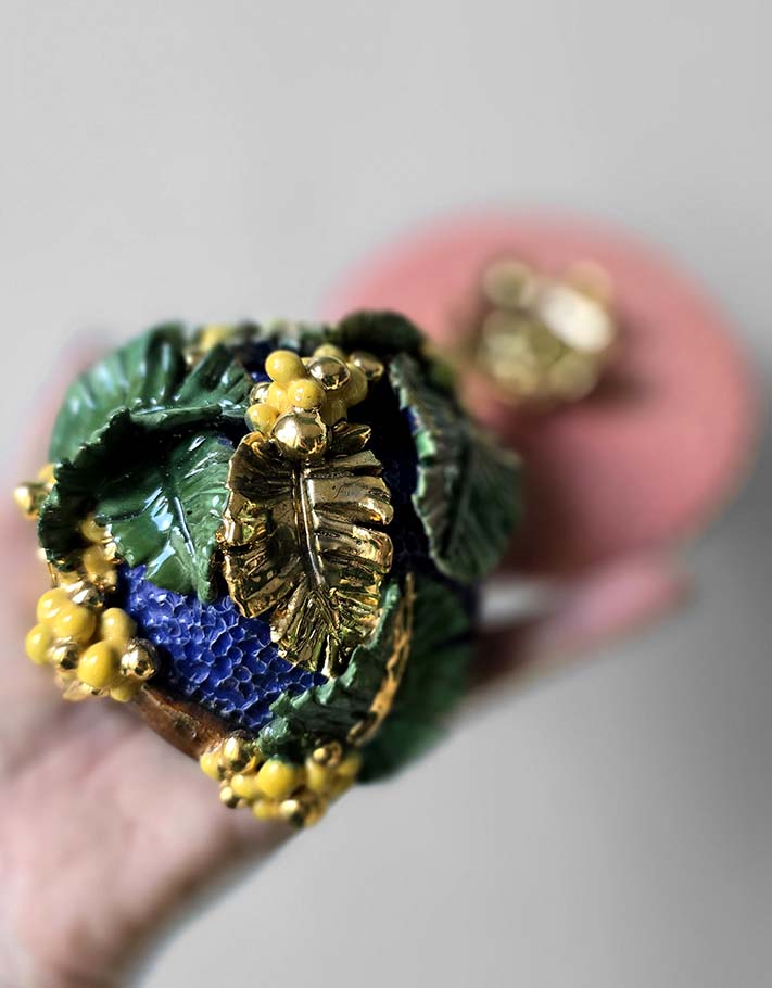 Porte encens Céramique Émaillée, Mimosa et Or - Pièce Unique Fait Main