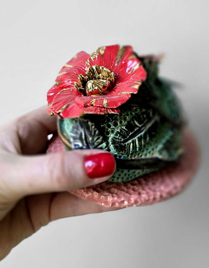 Porte encens Céramique Émaillée, Coquelicot et Or - Pièce Unique Fait Main