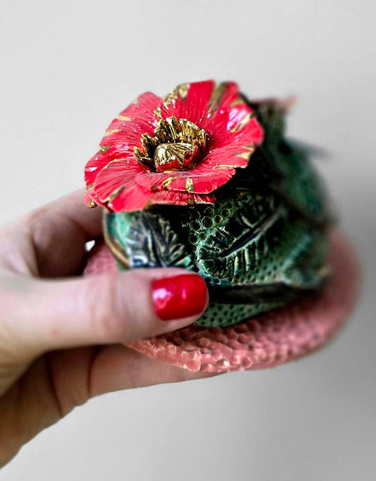 Porte encens Céramique Émaillée, Coquelicot et Or - Pièce Unique Fait Main