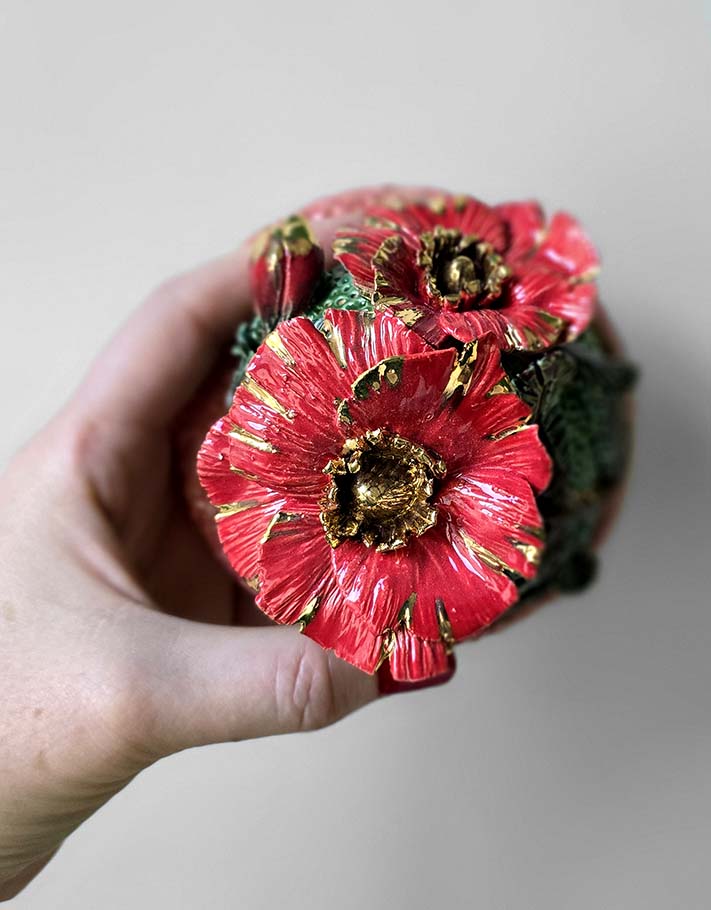 Porte encens Céramique Émaillée, Coquelicot et Or - Pièce Unique Fait Main