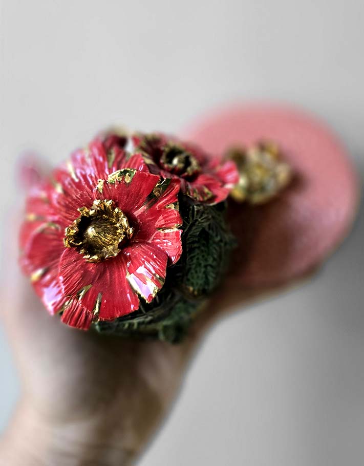 Porte encens Céramique Émaillée, Coquelicot et Or - Pièce Unique Fait Main