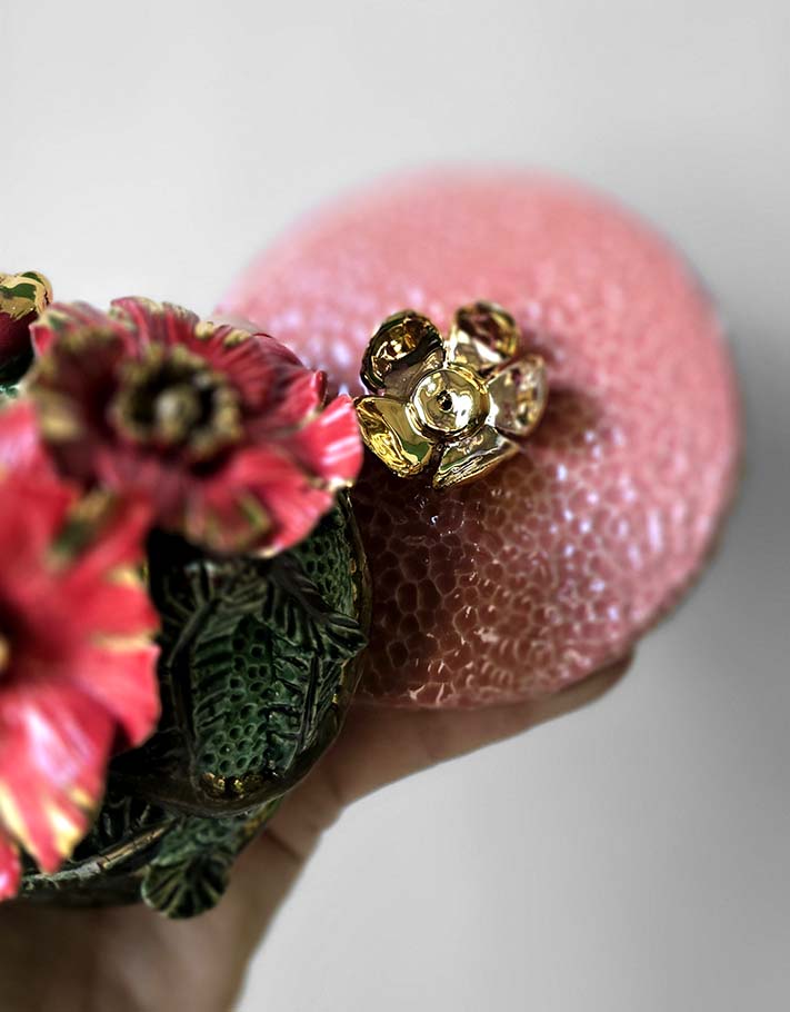 Porte encens Céramique Émaillée, Coquelicot et Or - Pièce Unique Fait Main