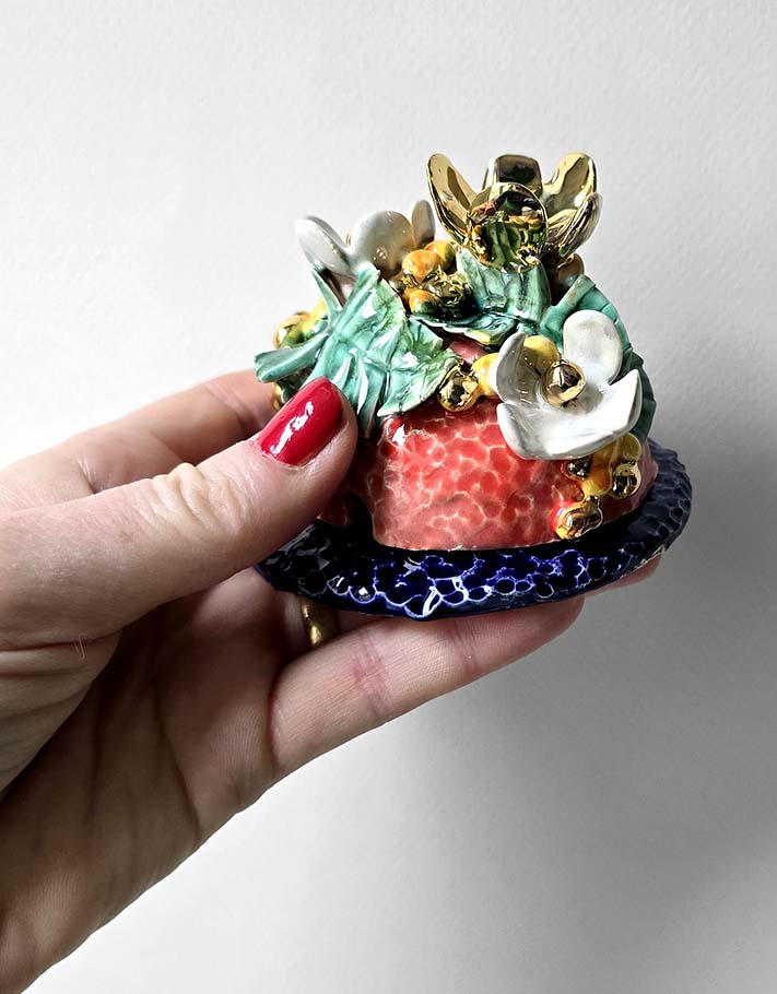 Porte encens Céramique Émaillée, fleurs blanches & mimosa - Pièce Unique Fait Main