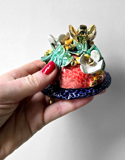 Porte encens Céramique Émaillée, fleurs blanches & mimosa - Pièce Unique Fait Main