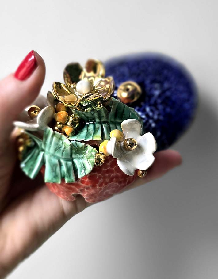 Porte encens Céramique Émaillée, fleurs blanches & mimosa - Pièce Unique Fait Main