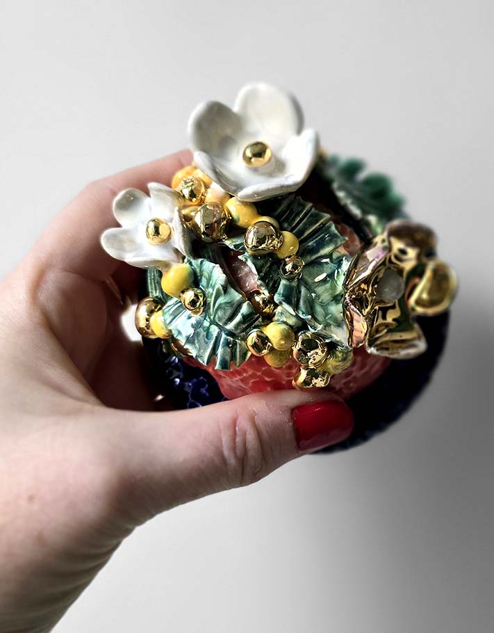 Porte encens Céramique Émaillée, fleurs blanches & mimosa - Pièce Unique Fait Main