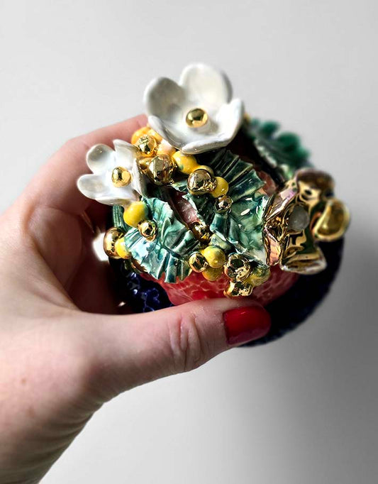 Porte encens Céramique Émaillée, fleurs blanches & mimosa - Pièce Unique Fait Main