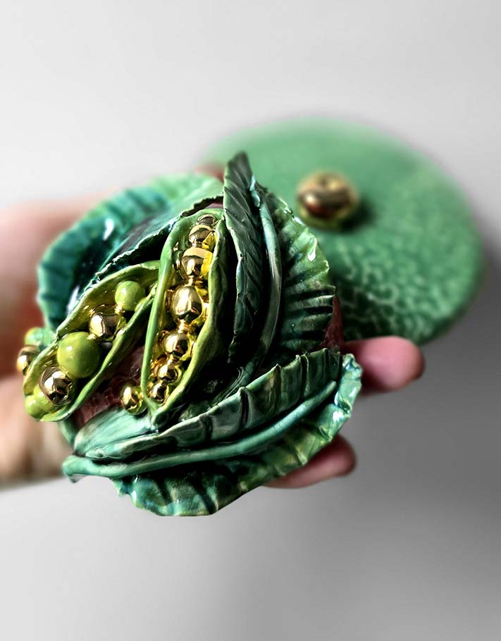 Porte encens Céramique Émaillée, Petits pois et Or - Pièce Unique Fait Main