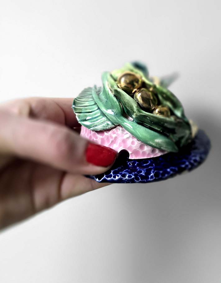 Porte encens Céramique Émaillée, Petits pois et Or - Pièce Unique Fait Main