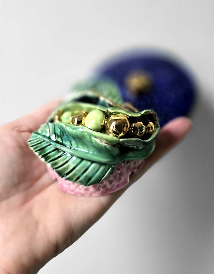 Porte encens Céramique Émaillée, Petits pois et Or - Pièce Unique Fait Main
