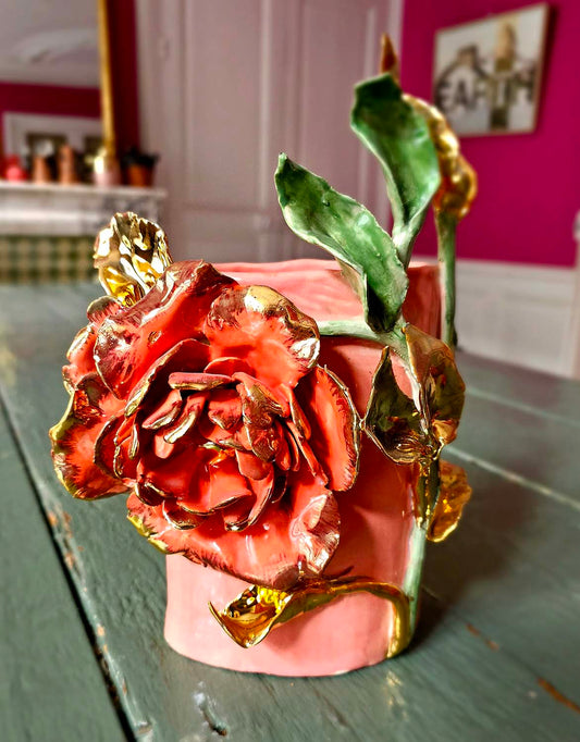 Enamelled earthenware vase gilded with fine 22-carat gold