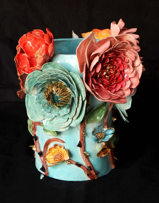 Enamelled earthenware vase gilded with fine 22-carat gold