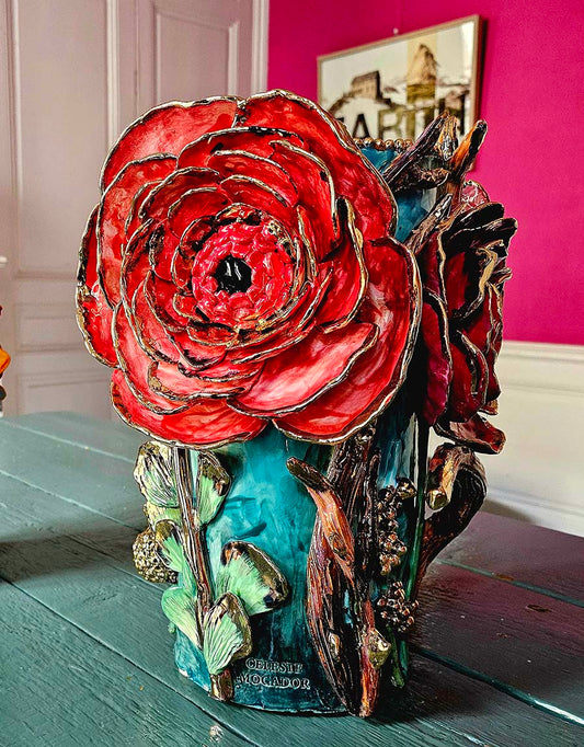 Enamelled earthenware vase gilded with fine 22-carat gold